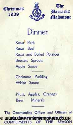 Maidstone Barracks Christmas Dinner Menu 1939